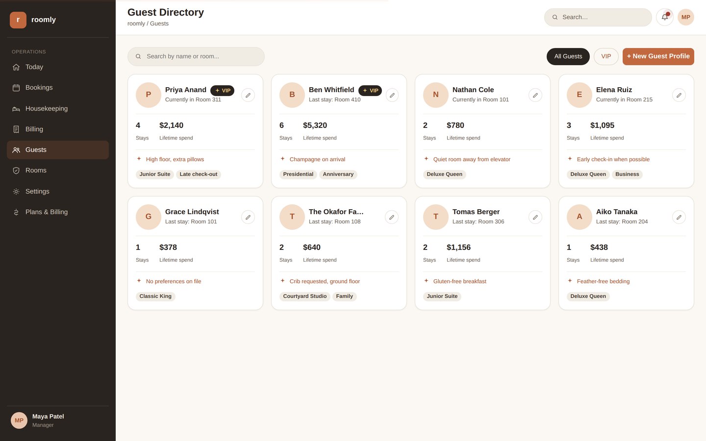 Guest directory with VIP badges, stay counts, and lifetime spend