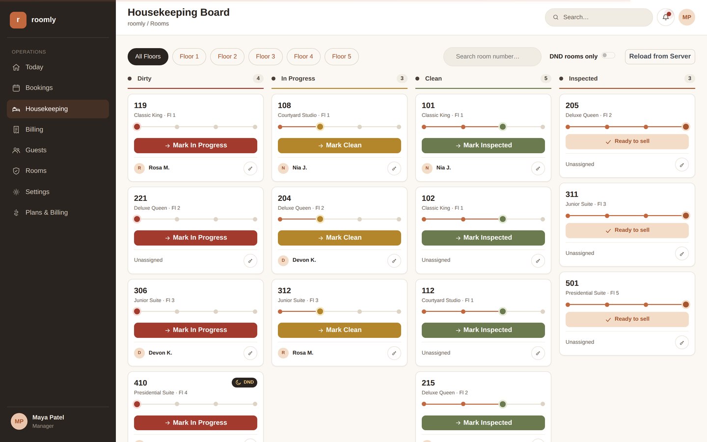 Housekeeping board with rooms organized by cleaning status